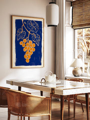 Grape botanical illustration art print with orange grapes, green leaves, and a bee on a textured blue background. - Image 3
