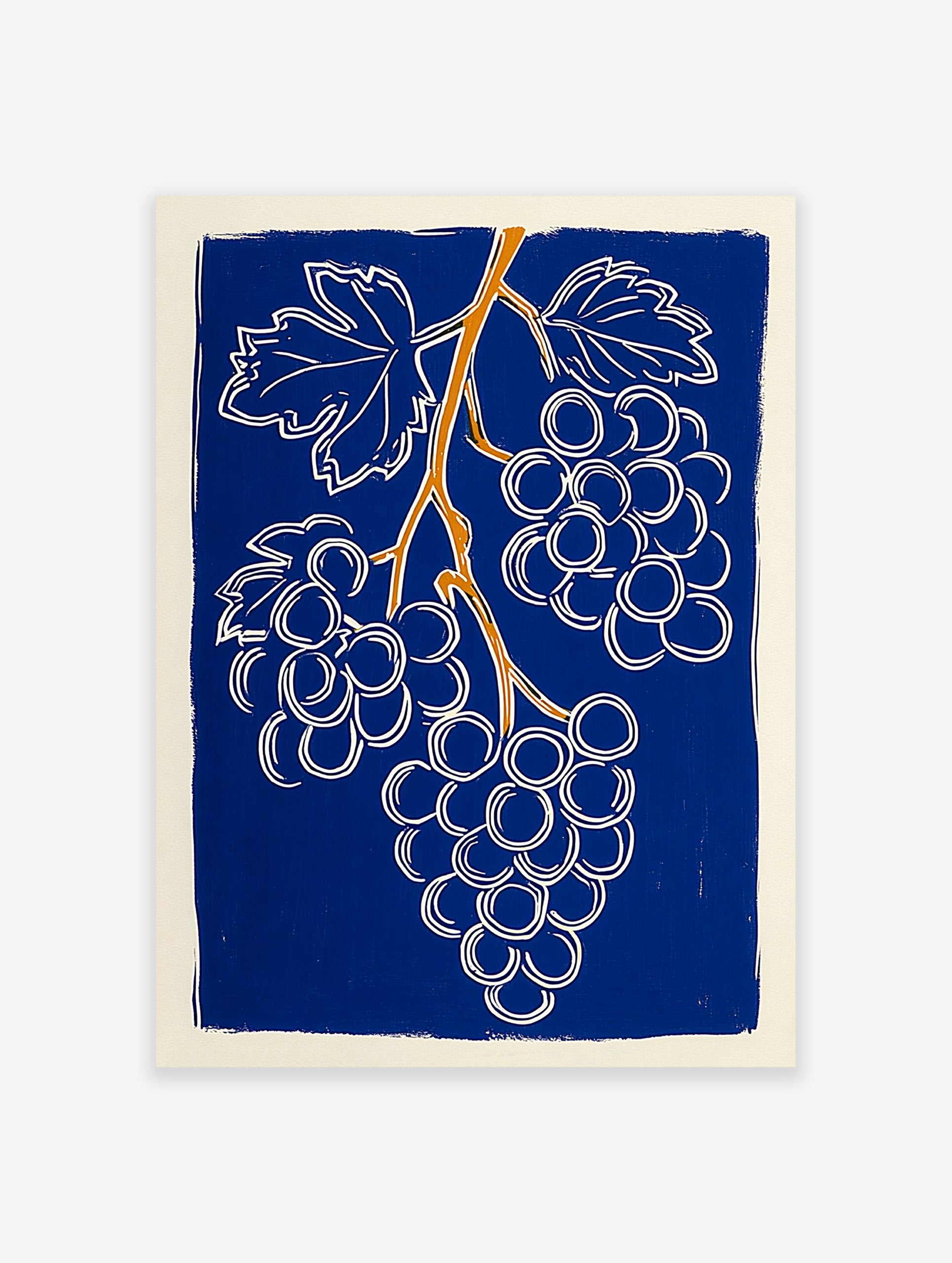 Grape Wall Art print featuring a stylized blue, white, and orange grape vine illustration.