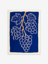 Grape Wall Art print featuring a stylized blue, white, and orange grape vine illustration.