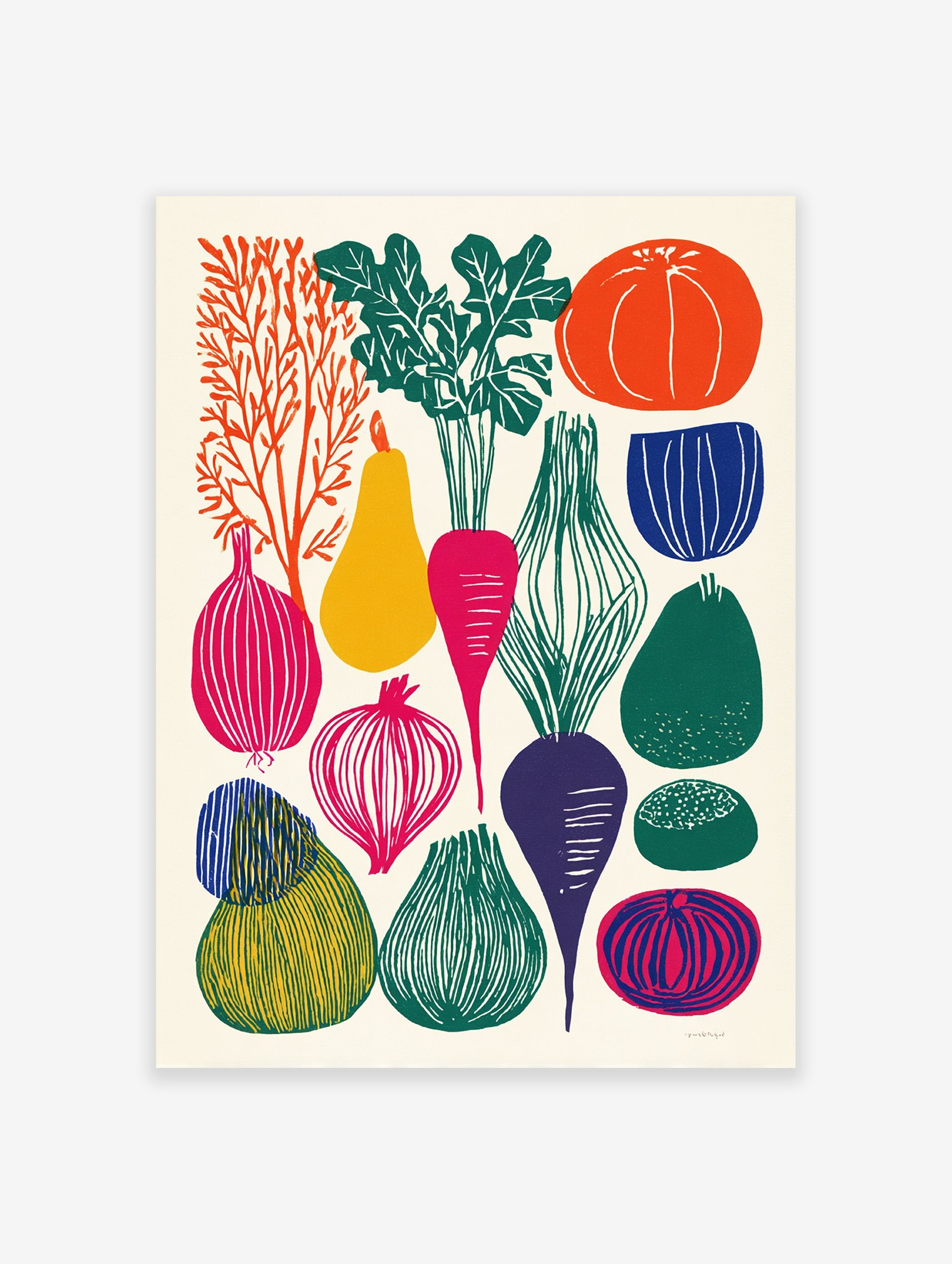 Graphic vegetable art print featuring colorful illustrations of various produce like carrots, onions, and pumpkins on a light background.