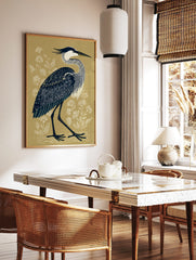 Great Blue Heron bird illustration with navy blue feathers and white neck on a beige background, in a styled room mockup