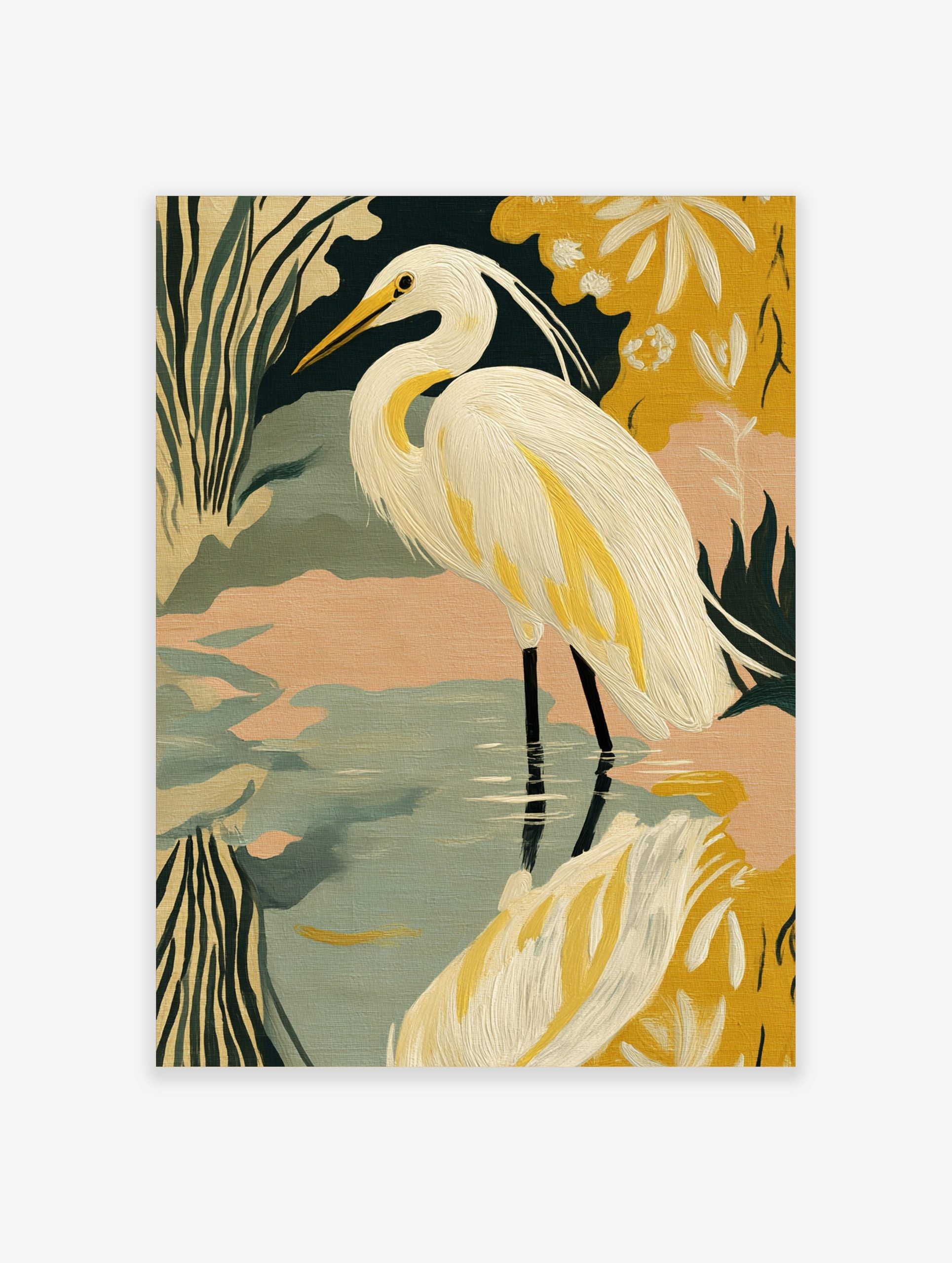 Illustrative print of a white great egret in water with green and yellow stylised foliage, peach sky