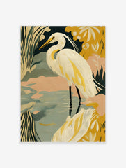 Illustrative print of a white great egret in water with green and yellow stylised foliage, peach sky