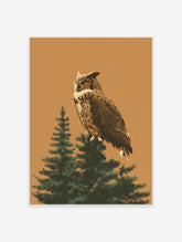 Illustrative great horned owl perched on a green evergreen tree branch against a warm tan background