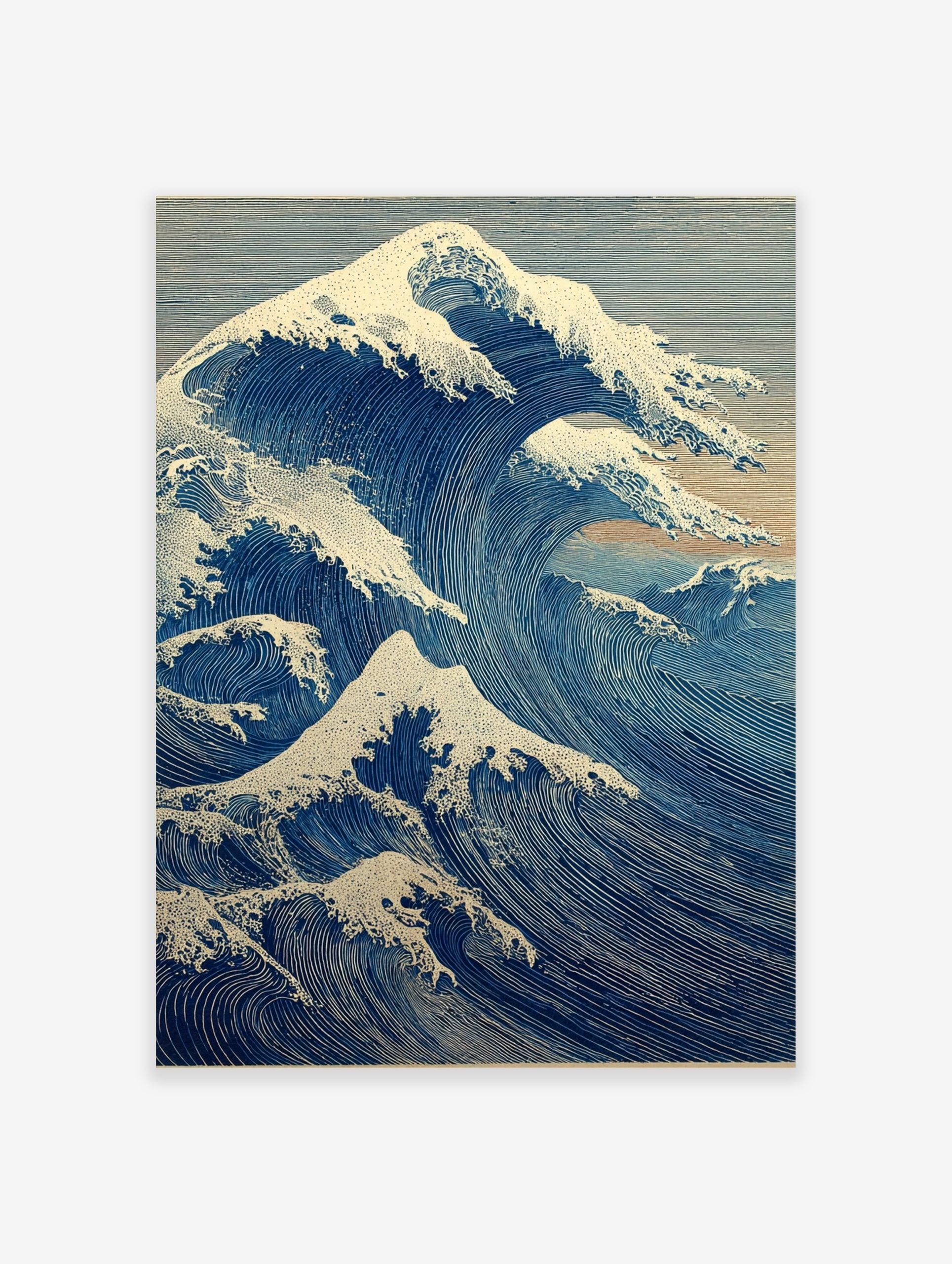 Japanese Great Wave wall art print with powerful blue ocean waves, white foam, and a small mountain