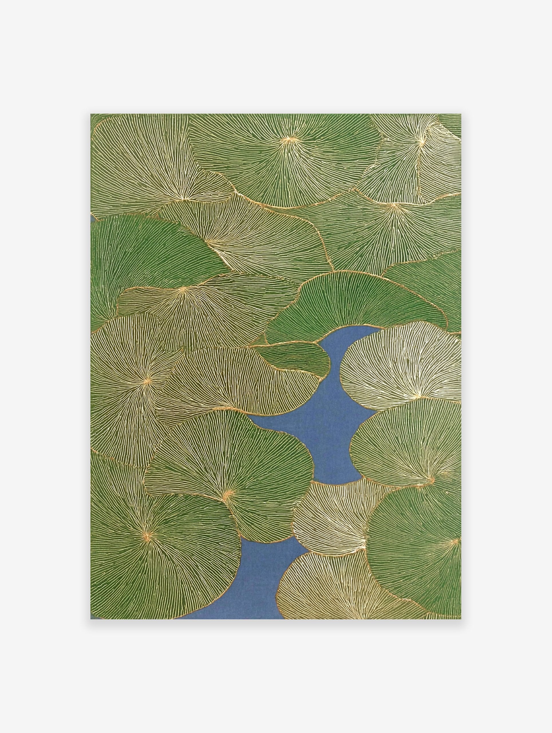 Green lily pad botanical wall art with golden line details floating on blue water, seen from above, modern nature print.