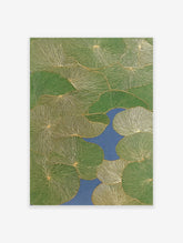 Green lily pad botanical wall art with golden line details floating on blue water, seen from above, modern nature print.