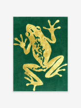 Green and gold frog poster with an illustrated, textured design on a dark green background, capturing a climbing frog.