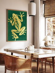 Green and gold frog poster with an illustrated, textured design on a dark green background, capturing a climbing frog. - Image 2