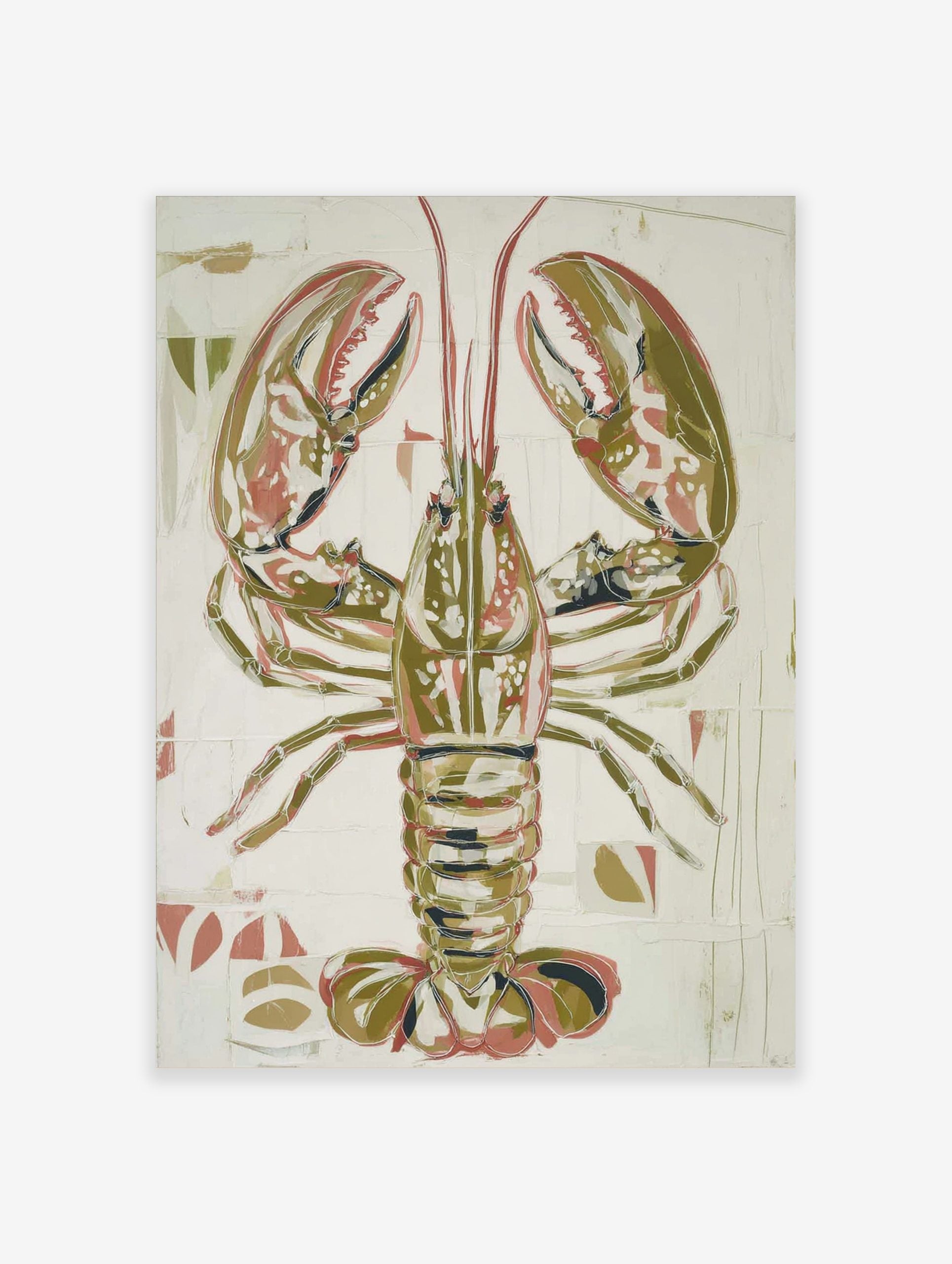 Illustrative lobster art print in olive green, reddish-pink, and white on a textured off-white background