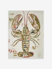Illustrative lobster art print in olive green, reddish-pink, and white on a textured off-white background