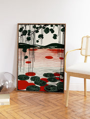 Modern green and red lake art print with hanging botanical leaves and lily pads on a minimalist landscape. - Image 2