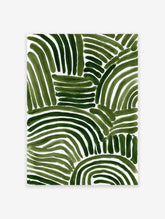 Green abstract art print with thick, organic, curved and straight brushstrokes on a white background.