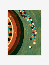 Abstract poster with curved strand of teal, plum, orange and cream beads on green background