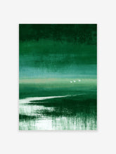 Green abstract landscape poster with three white deer on a pale horizon and textured brushstrokes