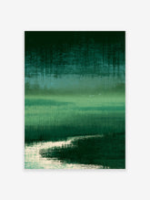 Green abstract landscape poster with misty field, distant deer, and reflective stream