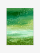 Green abstract landscape art print with layered grassy fields and white flecks