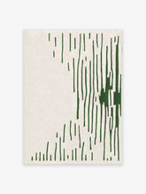 Green abstract line art poster with vertical strokes and a solid block on off-white paper