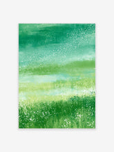Abstract green meadow art print with layered brushstrokes and white wildflower flecks