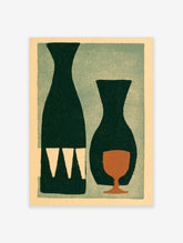 Green abstract still life poster with tall bottle, vase and rust goblet on sage background