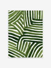Green abstract wall art with hand-painted vertical and horizontal stripes creating a geometric pattern on a white background.