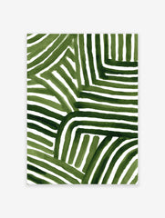 Green abstract wall art with hand-painted vertical and horizontal stripes creating a geometric pattern on a white background.