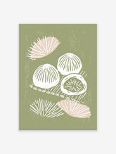 Green abstract wall art featuring white and pink organic, shell-like shapes with a distressed texture on a sage green background.