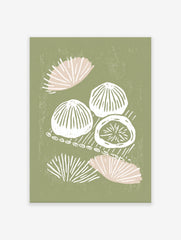 Green abstract wall art featuring white and pink organic, shell-like shapes with a distressed texture on a sage green background.