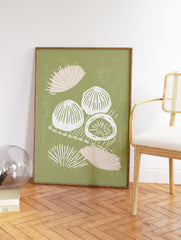 Green abstract wall art featuring white and pink organic, shell-like shapes with a distressed texture on a sage green background. - Image 2