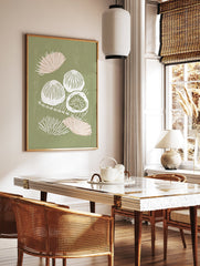 Green abstract wall art featuring white and pink organic, shell-like shapes with a distressed texture on a sage green background. - Image 3