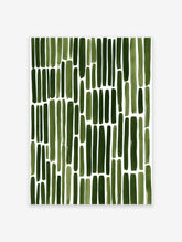Green abstract wall art featuring vertical watercolor brushstrokes in varying shades of green on a white background.