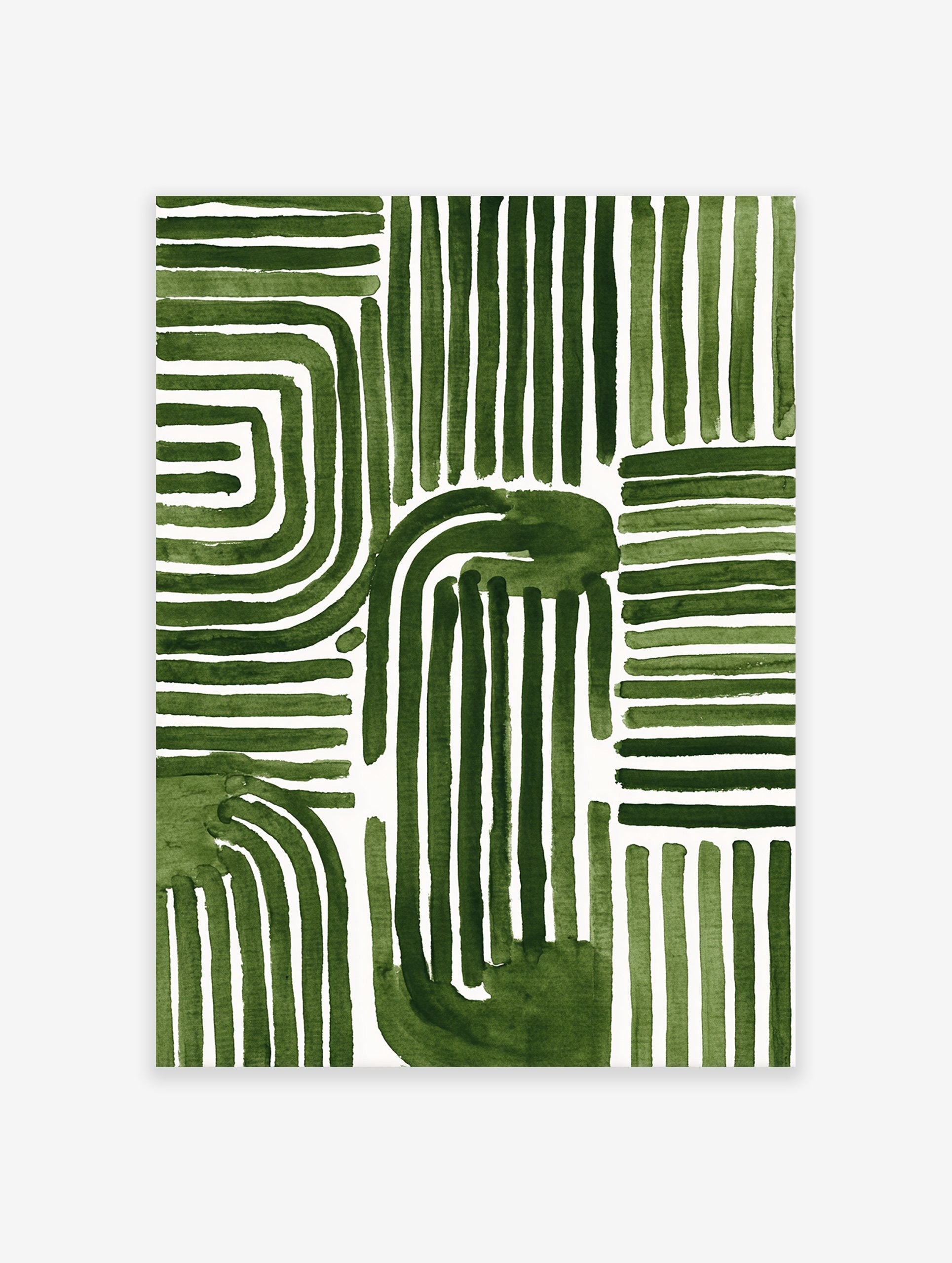 Green abstract pattern wall art with thick, hand-painted lines and organic shapes on a white background.