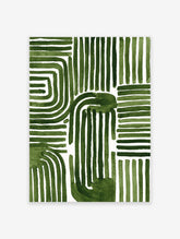 Green abstract pattern wall art with thick, hand-painted lines and organic shapes on a white background.