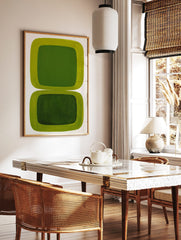 Green abstract wall art with two stacked rounded rectangular shapes, lime green borders and dark, in a styled room mockup