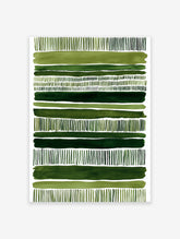 Green abstract wall art print with horizontal watercolor stripes and vertical dash patterns on a white background.