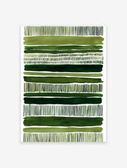 Green abstract wall art print with horizontal watercolor stripes and vertical dash patterns on a white background.