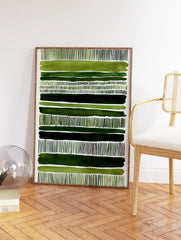 Green abstract wall art print with horizontal watercolor stripes and vertical dash patterns on a white background. - Image 2