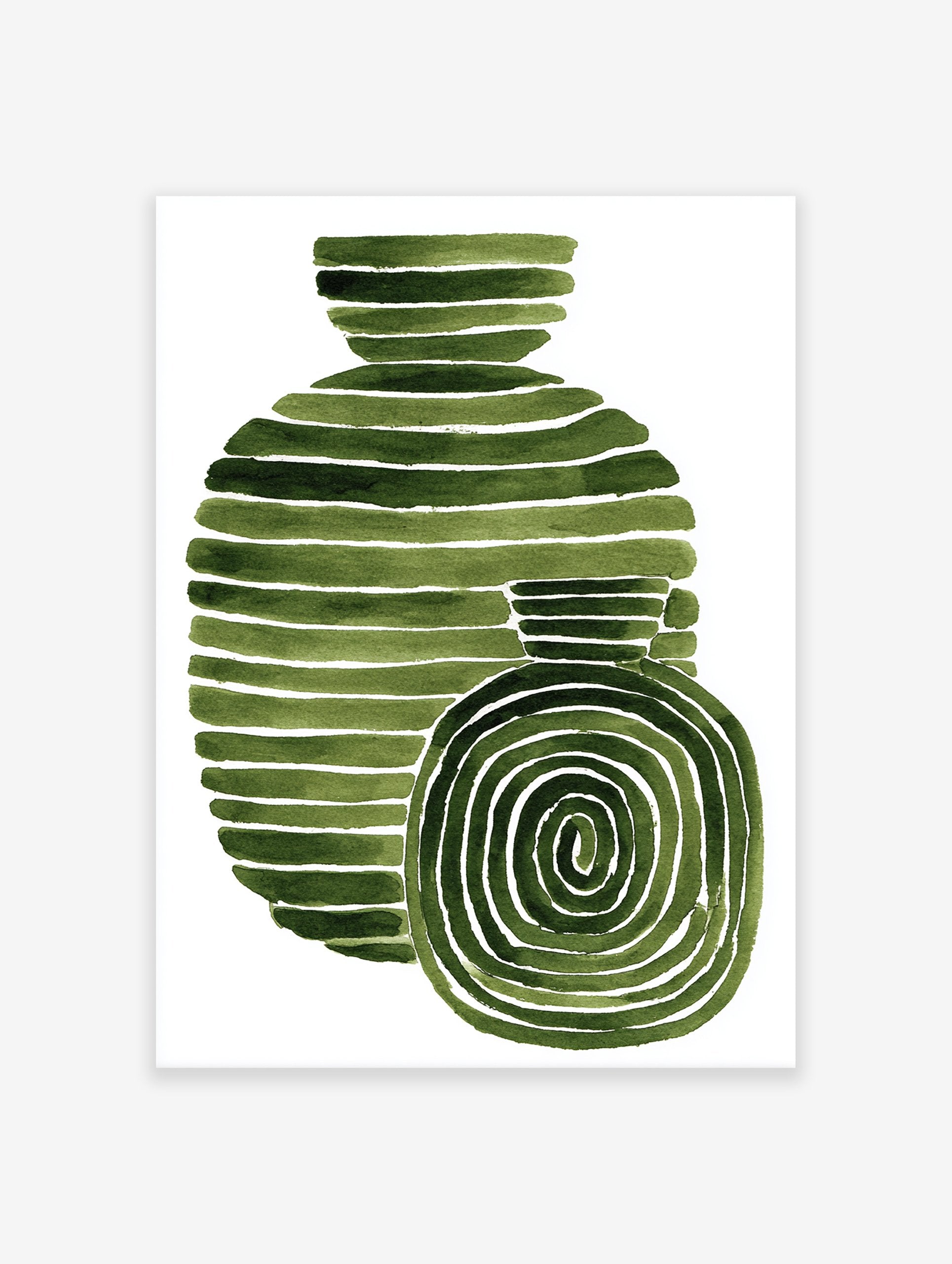 Green abstract wall art featuring two striped and spiral watercolor shapes on a white background, modern art print.