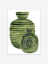 Green abstract wall art featuring two striped and spiral watercolor shapes on a white background, modern art print.