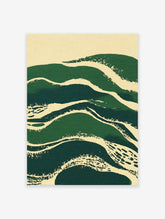 Green abstract wall art with textured brushstrokes resembling waves or hills on a cream background.