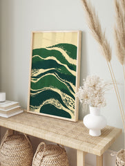 Green abstract wall art with textured brushstrokes resembling waves or hills on a cream background. - Image 3