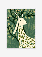 Green animal poster of a cream spotted hare among dark branches and pale leaves
