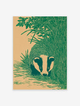 Illustrative green badger peeking from tall grass and foliage on a beige background, portrait orientation