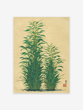Green botanical wall art print depicting tall, leafy plants in an Asian illustrative style on a textured beige background.