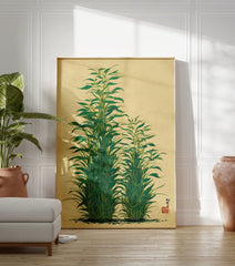 Green botanical wall art print depicting tall, leafy plants in an Asian illustrative style on a textured beige background. - Image 3