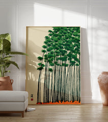 Green bamboo forest poster with tall, thin stalks and dense foliage against a light beige background, with an orange ground. - Image 3