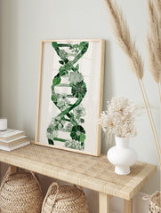 Green botanical DNA helix illustration with leaves and flowers on a white background, in an alternate framed mockup