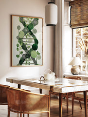 Green botanical DNA helix illustration with varied leaf shapes and textures on a white background, in a styled room mockup