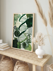 Green DNA double helix intertwined with various botanical and cellular patterns on a white, in an alternate framed mockup
