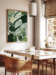 Green DNA double helix intertwined with various botanical and cellular patterns on a white, in a styled room mockup